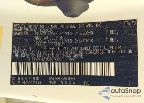 2018 Toyota Highlander Hybrid Xle z USA, uszkodzony, nr VIN 5TDJGRFH2JS051886